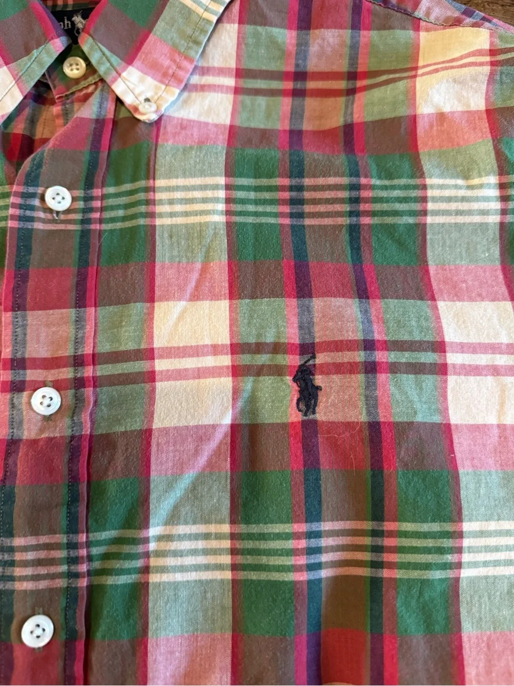 Polo Ralph Lauren Classic Red Green Plaid Button Down Blue Pony Sz Lg